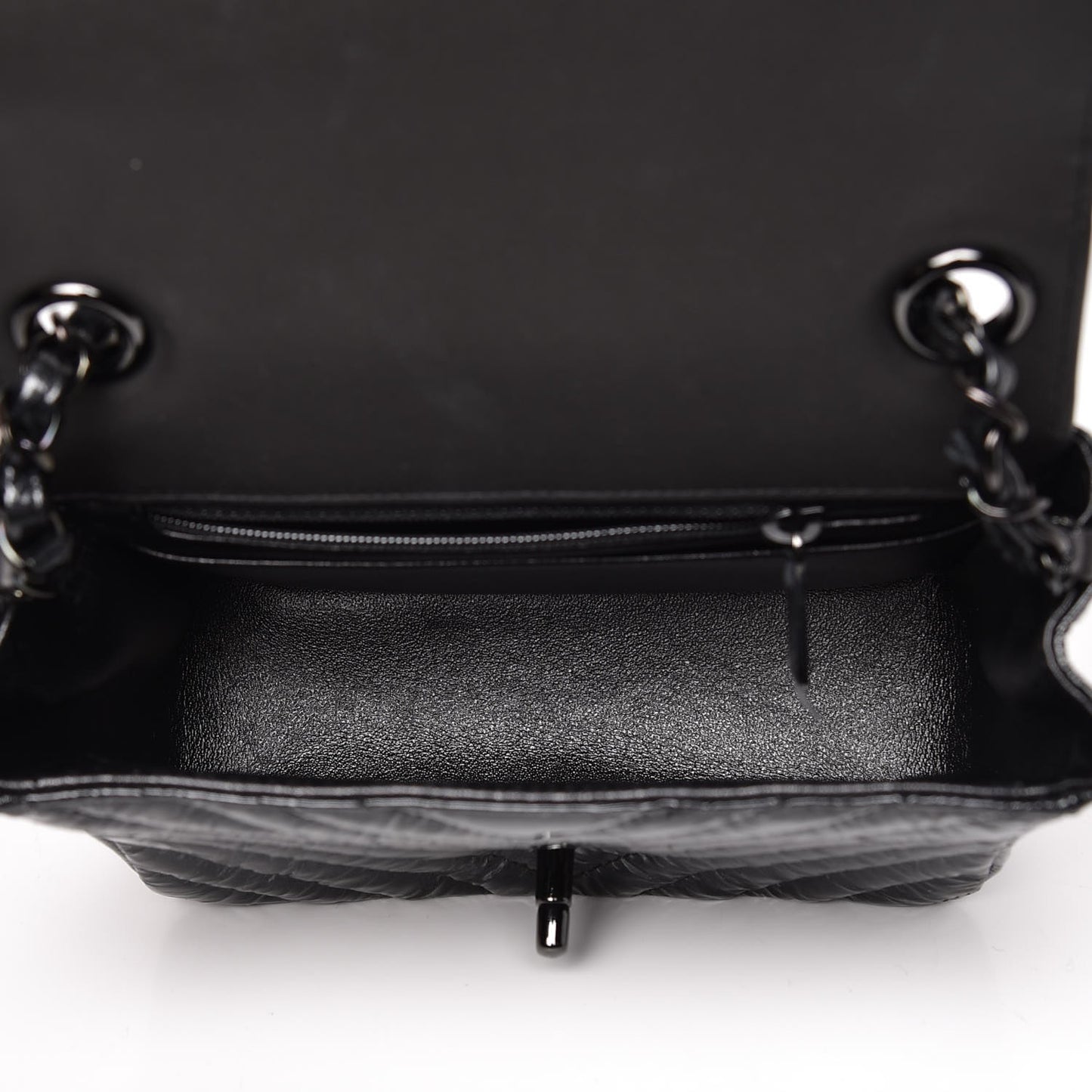 Metallic Patent Crumpled Calfskin Chevron Quilted Mini Square Flap Black