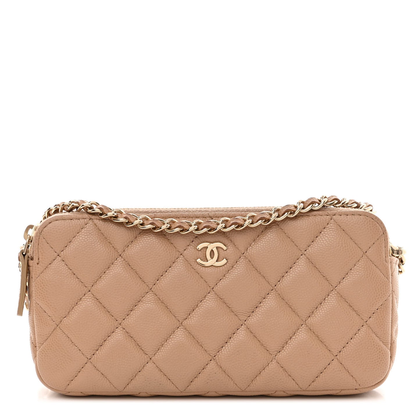 Caviar Quilted Small Clutch With Chain Beige