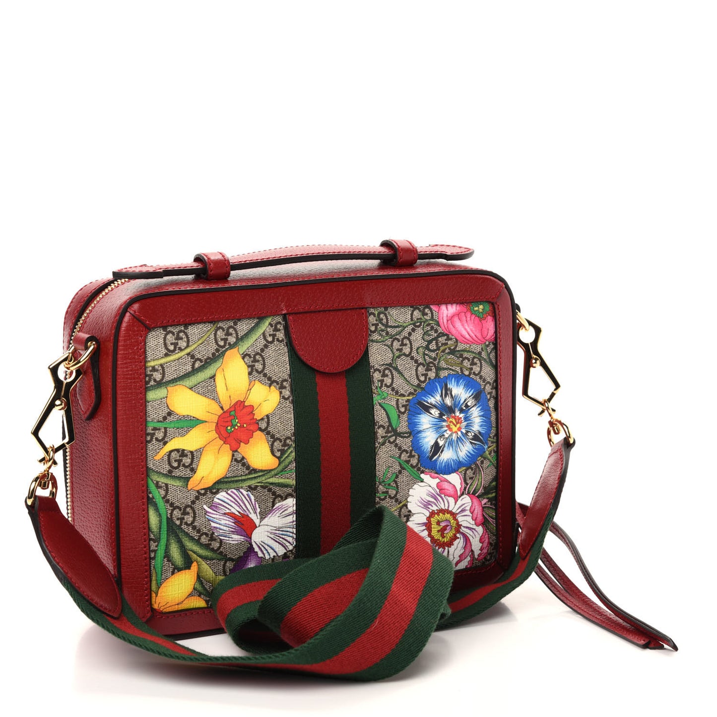 GG Supreme Monogram Flora Web Small Ophidia Top Handle Shoulder Bag Hibiscus Red
