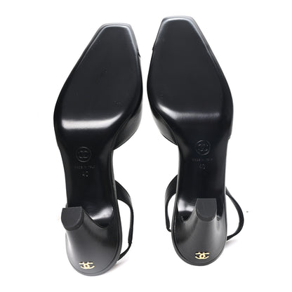 Chanel Lambskin Patent Calfskin Cap Toe CC Slingback Pumps 40 Black 6 of 10