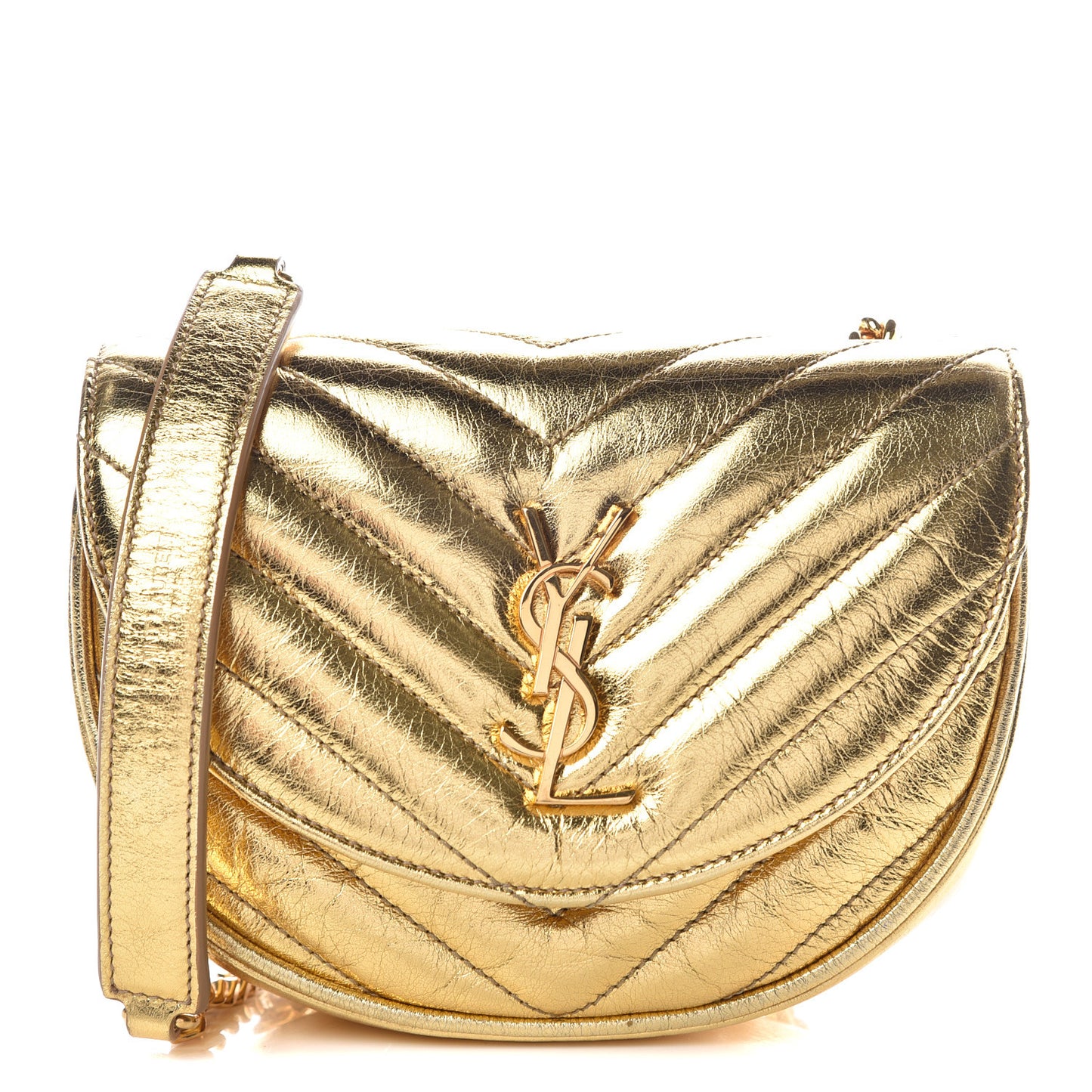 Metallic Calfskin Matelasse Monogram Small Bubble Chain Crossbody Gold