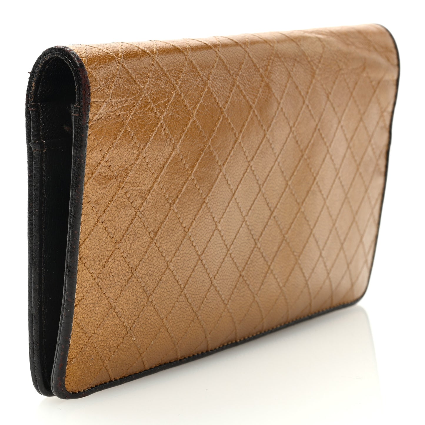 Metallic Calfskin Diamond Stitched Flap Wallet Gold