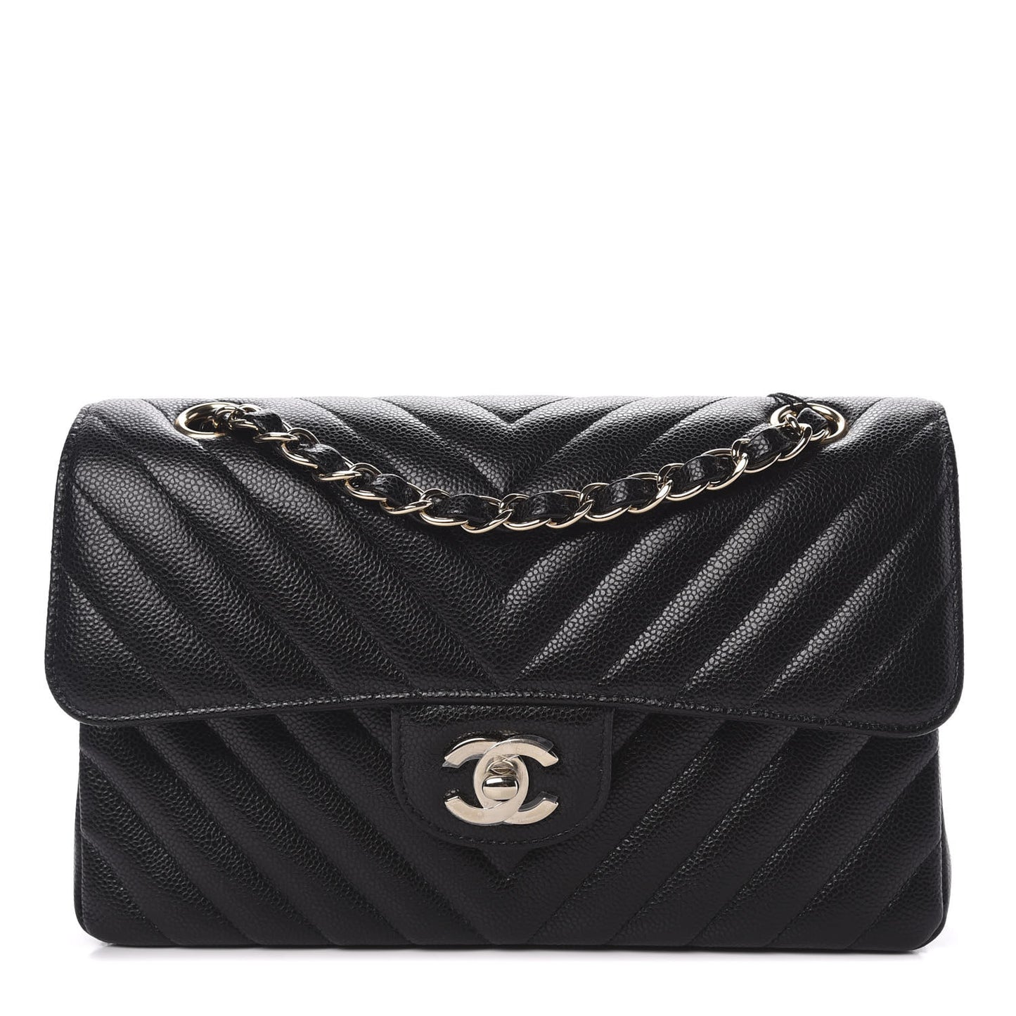 Caviar Chevron Quilted Small Double Flap Black