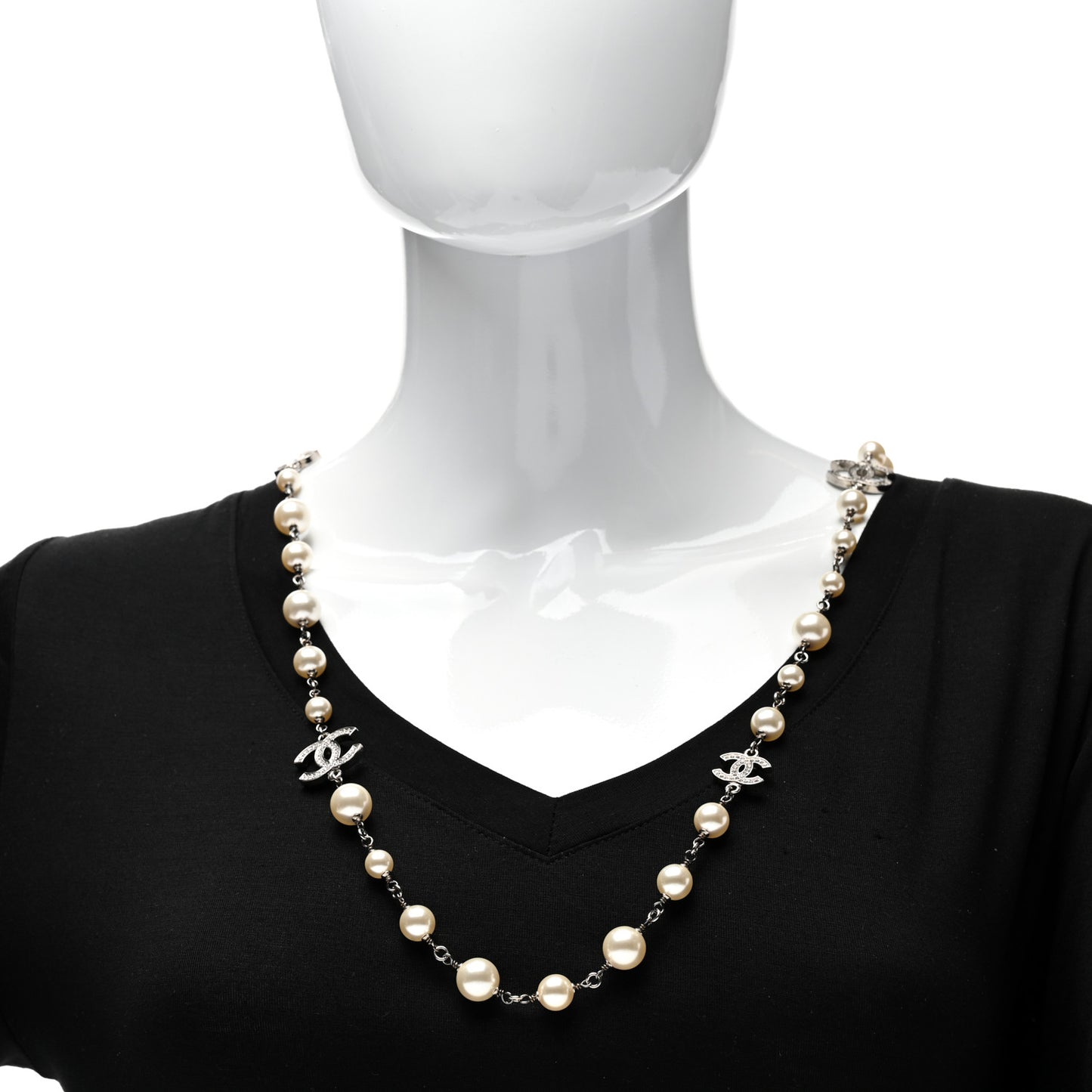 Graduated Pearl Crystal CC Long Necklace Silver