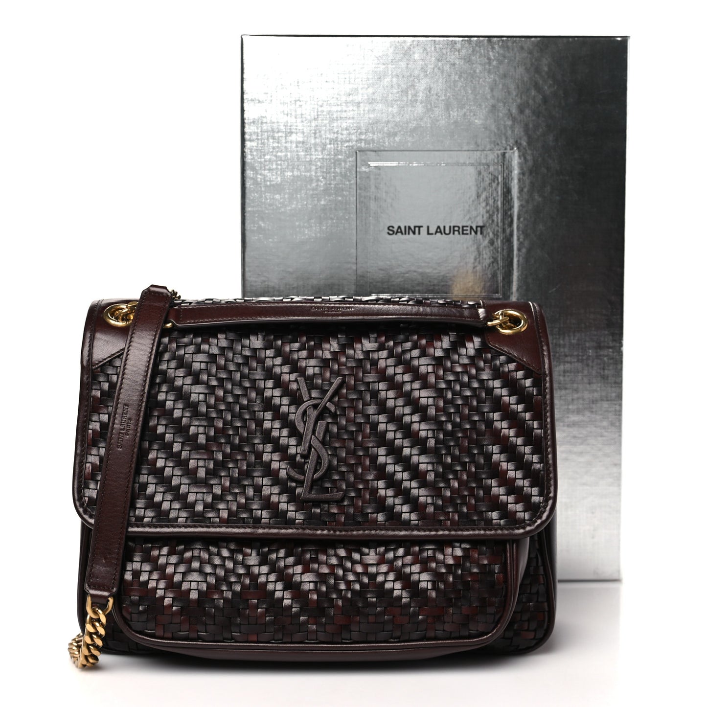 Calfskin Woven Monogram Medium Niki Chain Satchel Burnt Brown