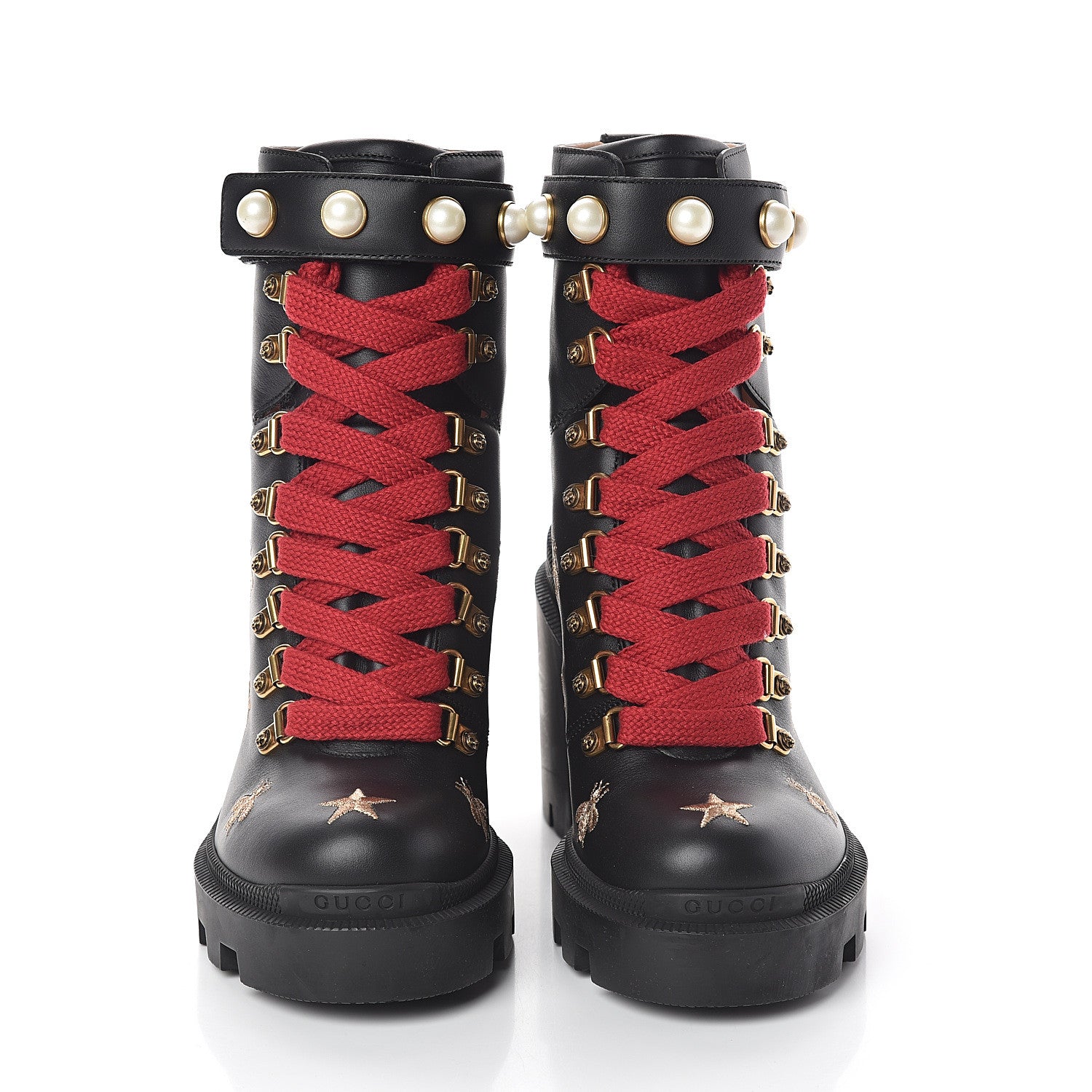 Gucci Calfskin Embroidered Lace Up Combat Ankle Boots 35.5 Black 2 of 6