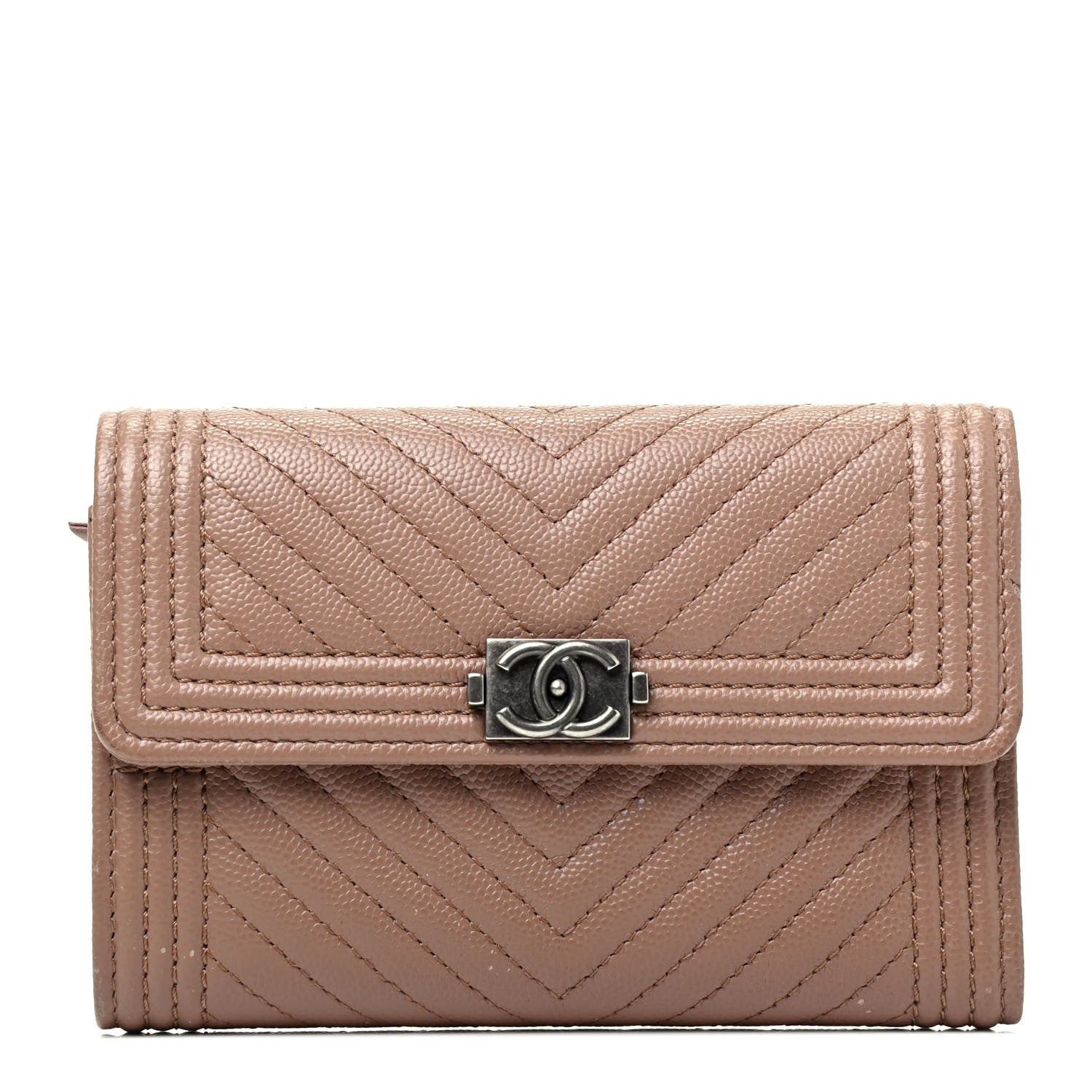 Chanel Caviar Chevron Quilted Medium Boy Flap Wallet Dark Beige 1 of 7