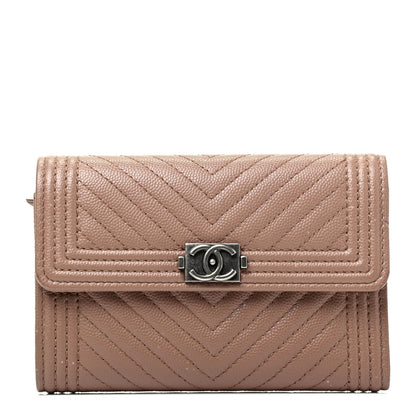 Chanel Caviar Chevron Quilted Medium Boy Flap Wallet Dark Beige 1 of 7