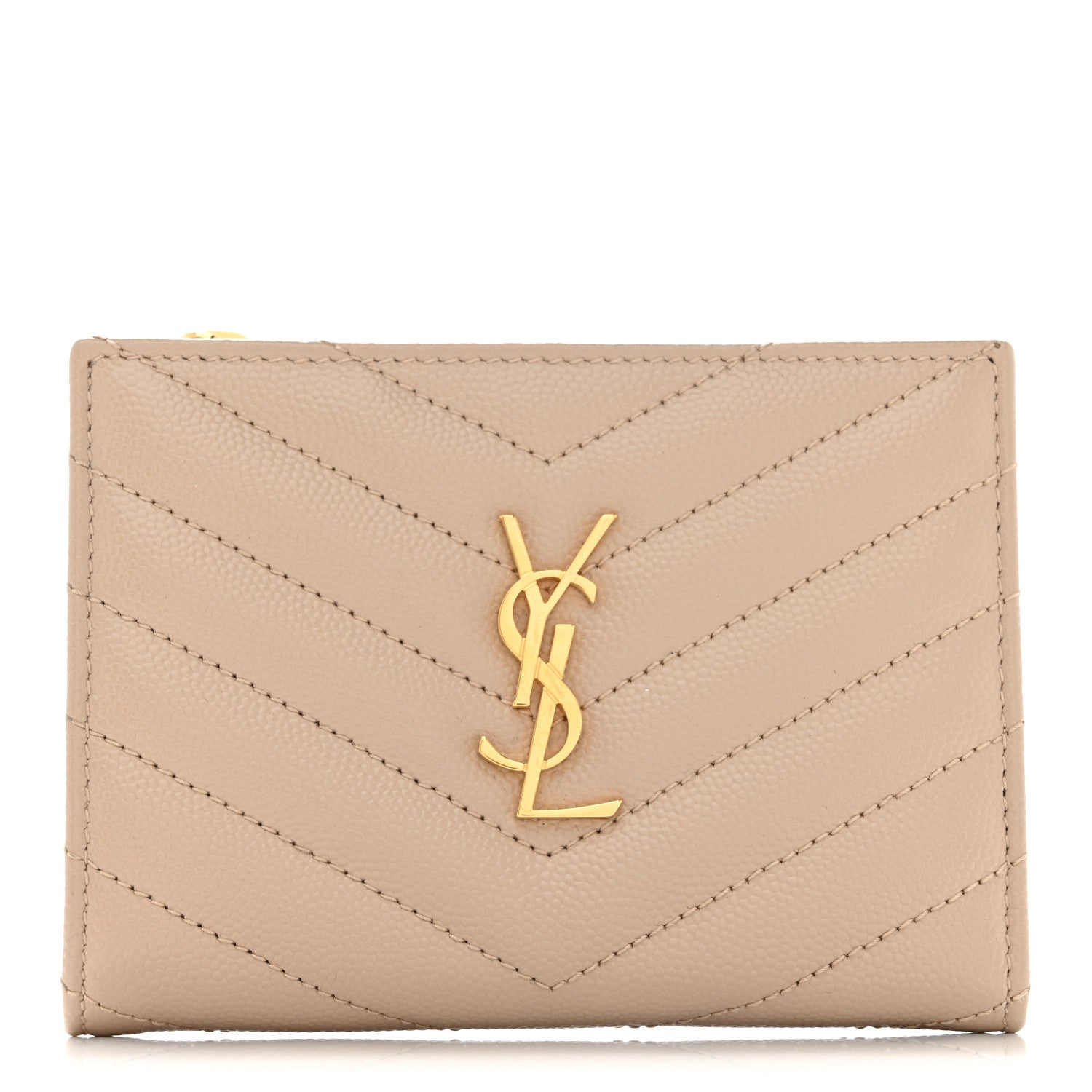 Saint Laurent Grain De Poudre Matelasse Chevron Monogram Zipped Card Case Dark Beige 1 of 8