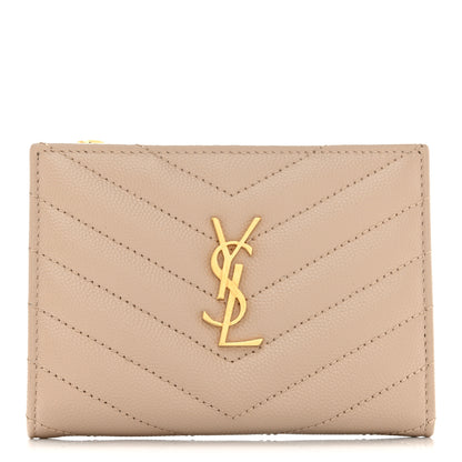 Saint Laurent Grain De Poudre Matelasse Chevron Monogram Zipped Card Case Dark Beige 1 of 8