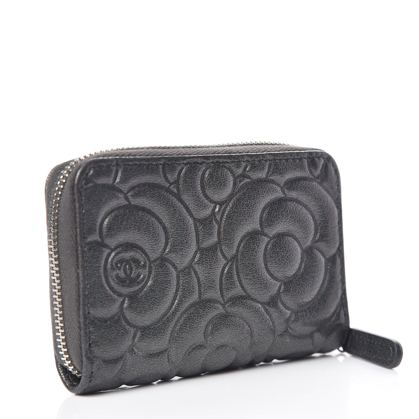 Goatskin Camellia Embossed Zip Coin Purse Anthracite