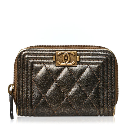 Chanel Cracked Metallic Calfskin Quilted Boy Zip Around Coin Purse Wallet Gold 1 of 8