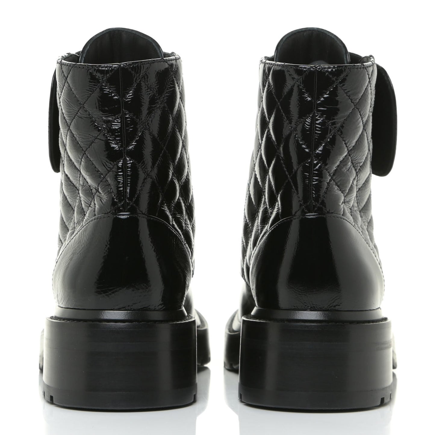 Shiny Calfskin Quilted Lace Up Combat Boots 37.5 Black