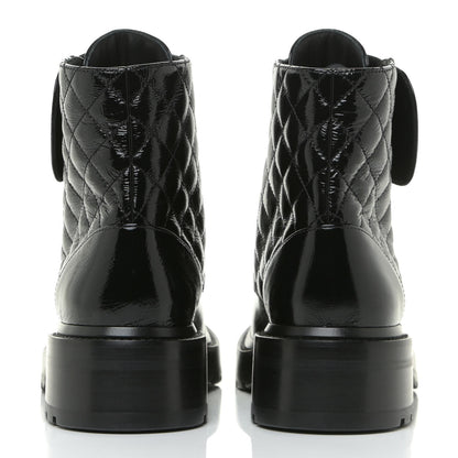 Chanel Shiny Calfskin Quilted Lace Up Combat Boots 37.5 Black 4 of 15