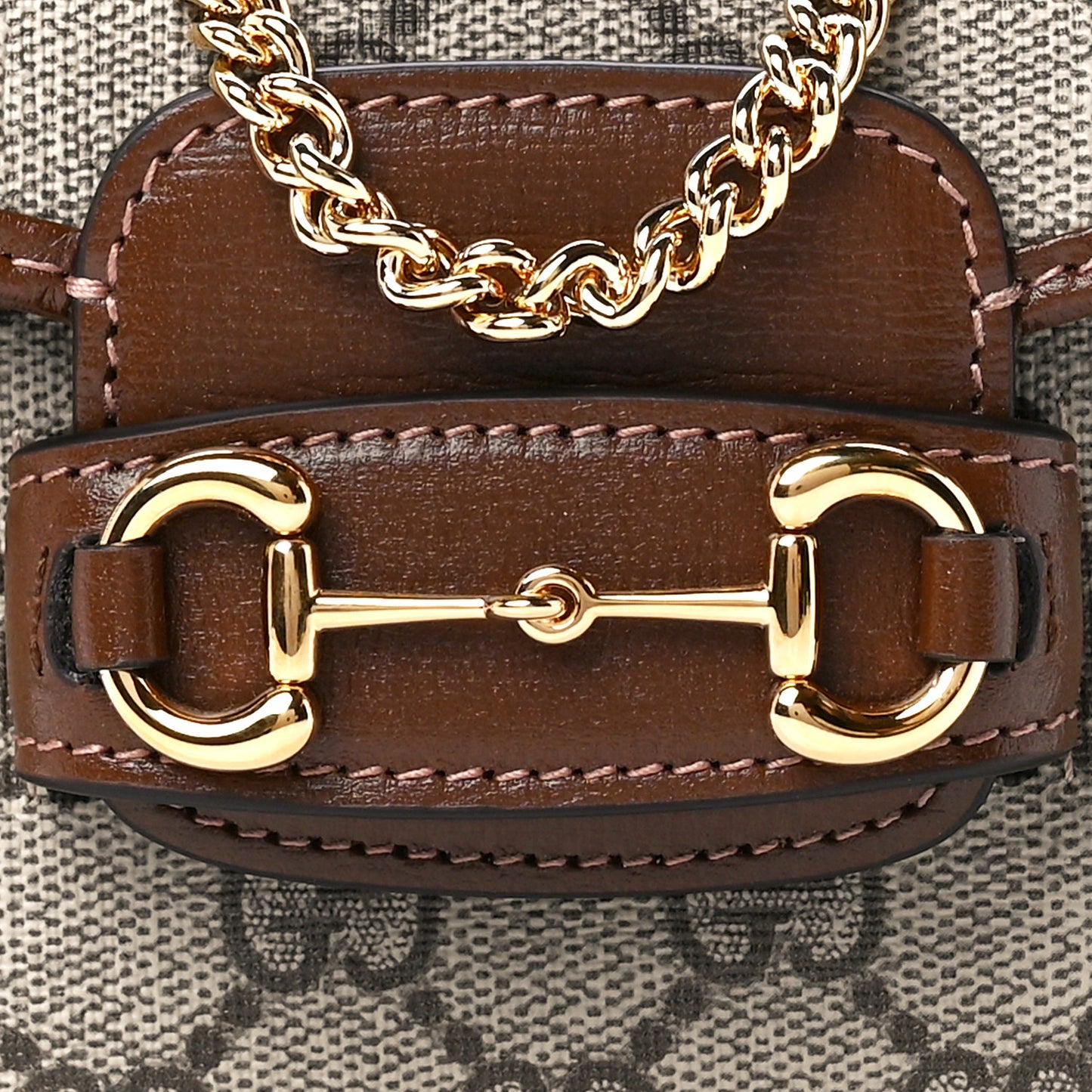 GG Supreme Monogram Azalea Calfskin Web Horsebit 1955 Wallet On Strap Beige Ebony Brown Sugar
