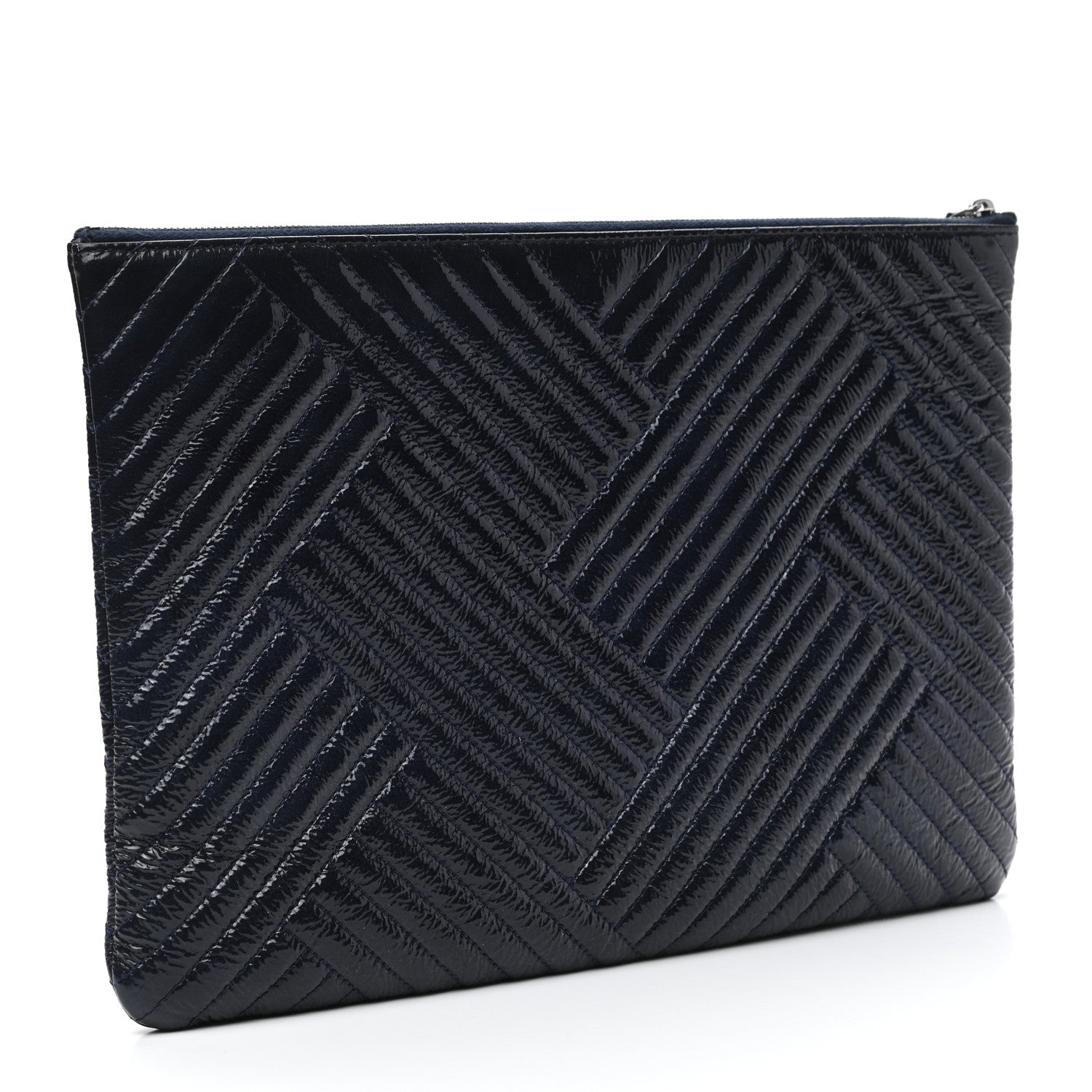Chanel Distressed Patent Chevron Quilted Medium CC Crossing Cosmetic Case Navy 3 of 8