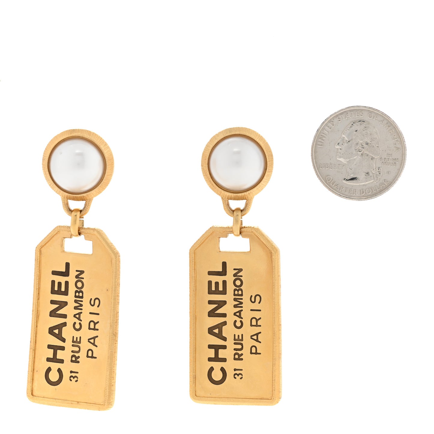 Pearl CC Tags Drop Earrings Gold