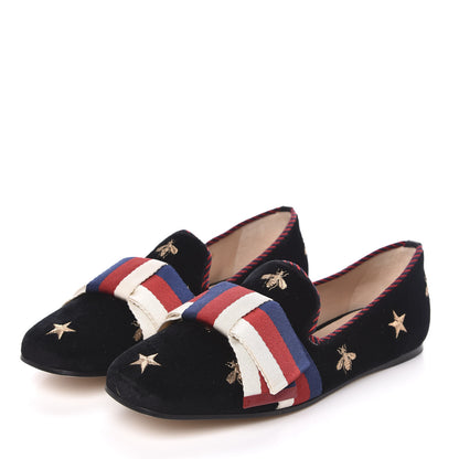 Gucci Velvet Bee Star Embroidered Sylvie Bow Loafers 37.5 Black 3 of 9