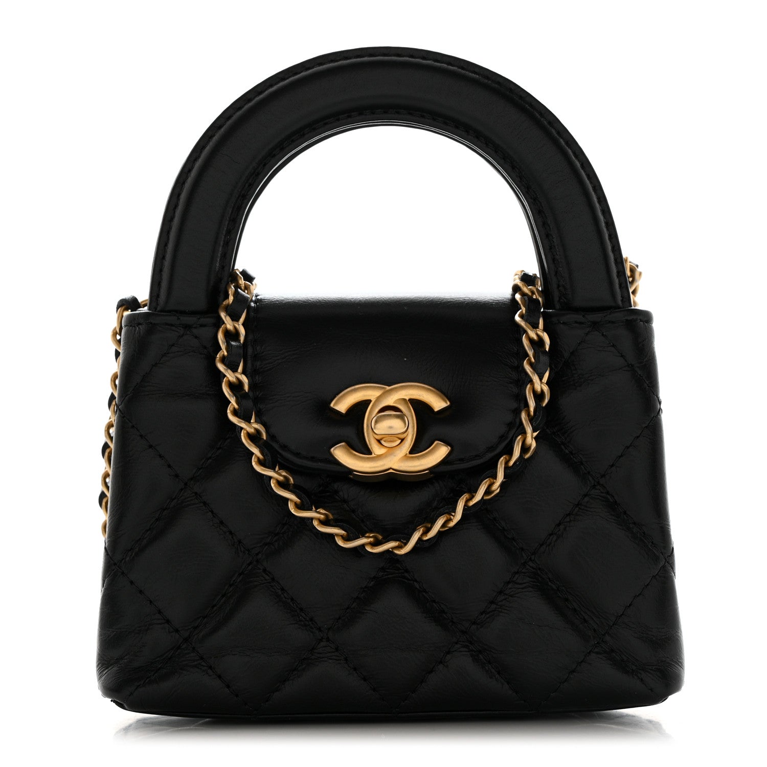 Chanel Shiny Aged Calfskin Quilted Mini Nano Kelly Shopper Black 1 of 11