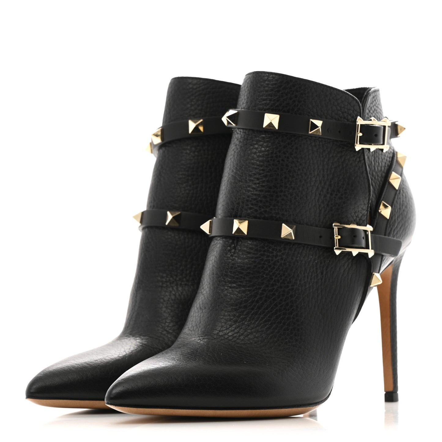Pebbled Calfskin Rockstud Double Buckle 65mm Ankle Boots 37.5 Black