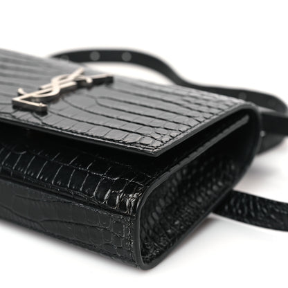 Saint Laurent Calfskin Crocodile Embossed Monogram Kate Belt Bag Black 8 of 9