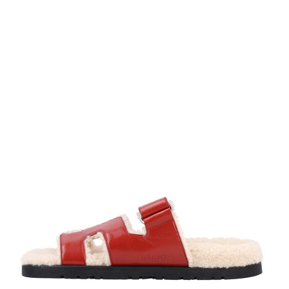 Hermes Glazed Nappa Woolskin Womens Chypre Sandals 36 Rouge Sanguine Ecru 1 of 9