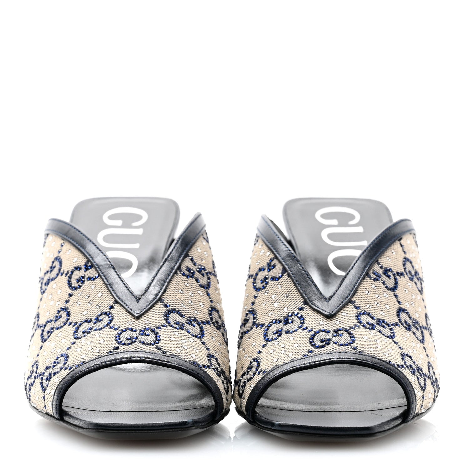 Gucci New Canvas Malaga Kid Crystal GG Monogram Square G 95mm Slide Sandals 36.5 Beige Blue 2 of 9