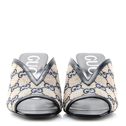 Gucci New Canvas Malaga Kid Crystal GG Monogram Square G 95mm Slide Sandals 36.5 Beige Blue 2 of 9