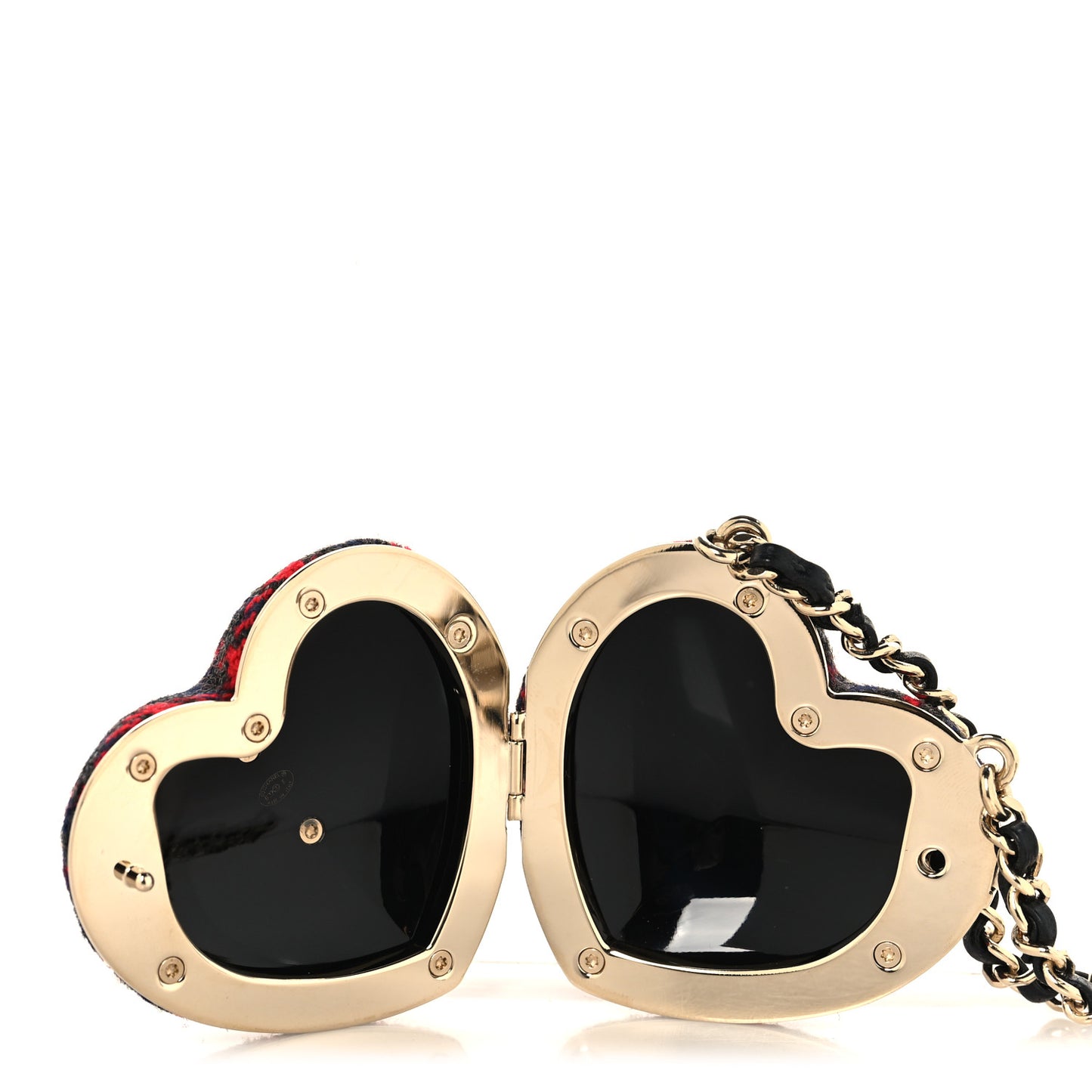 Tweed Lambskin CC Heart Mirror Locket Necklace Gold Grey Red Black
