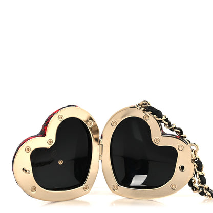 Chanel Tweed Lambskin CC Heart Mirror Locket Necklace Gold Grey Red Black 4 of 5