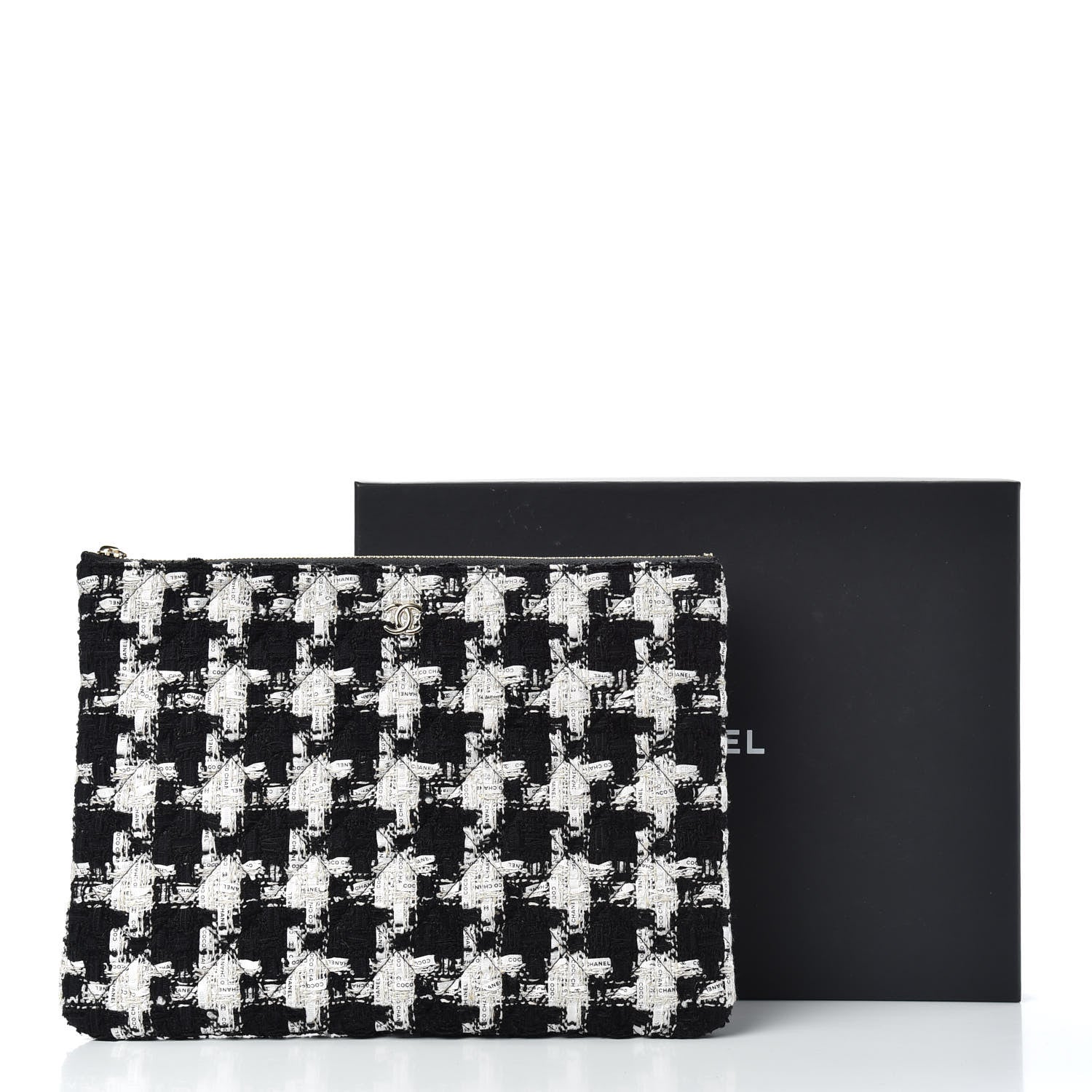 Chanel Tweed Quilted Medium Cosmetic Pouch Black Ecru White 8 of 8