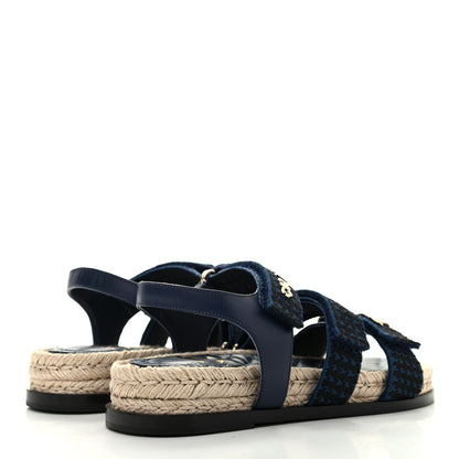 Chanel Stretch Fabric Lambskin CC Flat Sandals 37 Navy Blue Black 4 of 8