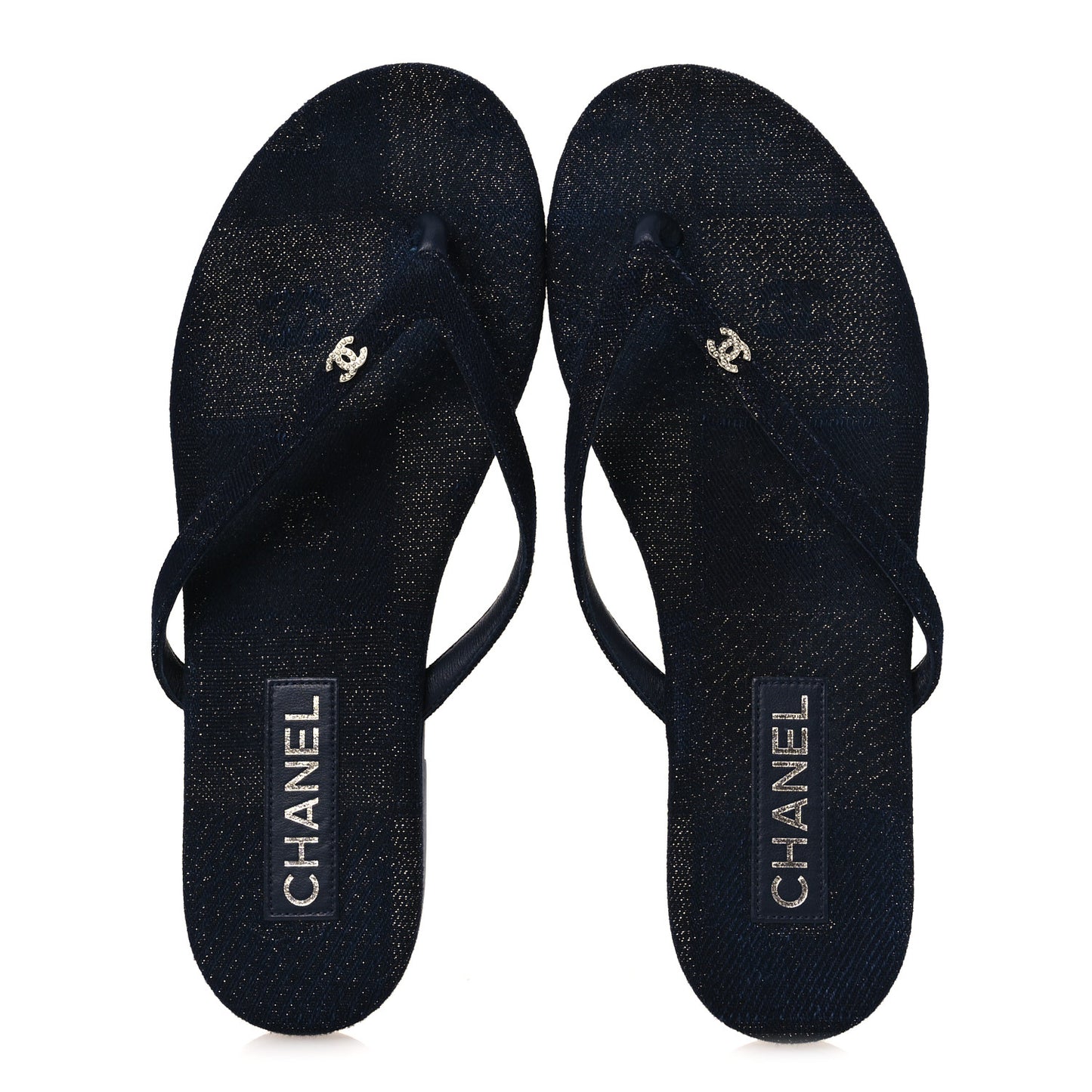 Cotton Silk Crystal CC Thong Sandals 40 Dark Blue Silver