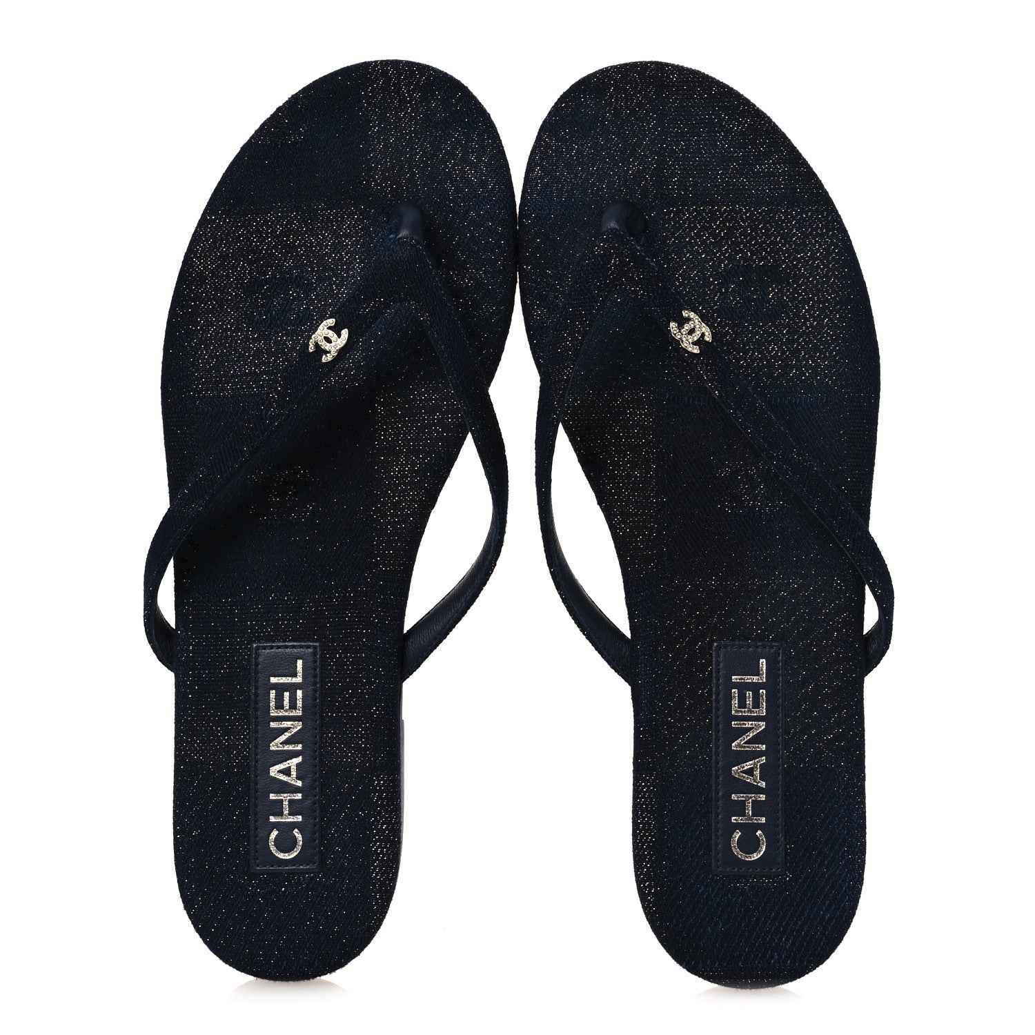 Chanel Cotton Silk Crystal CC Thong Sandals 40 Dark Blue Silver 2 of 10