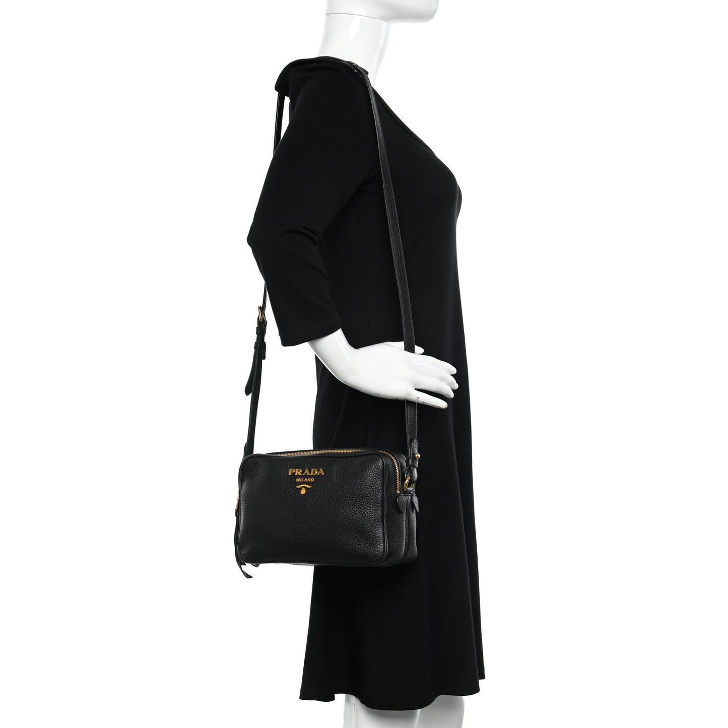 Vitello Daino Medium Double Zip Shoulder Bag Black