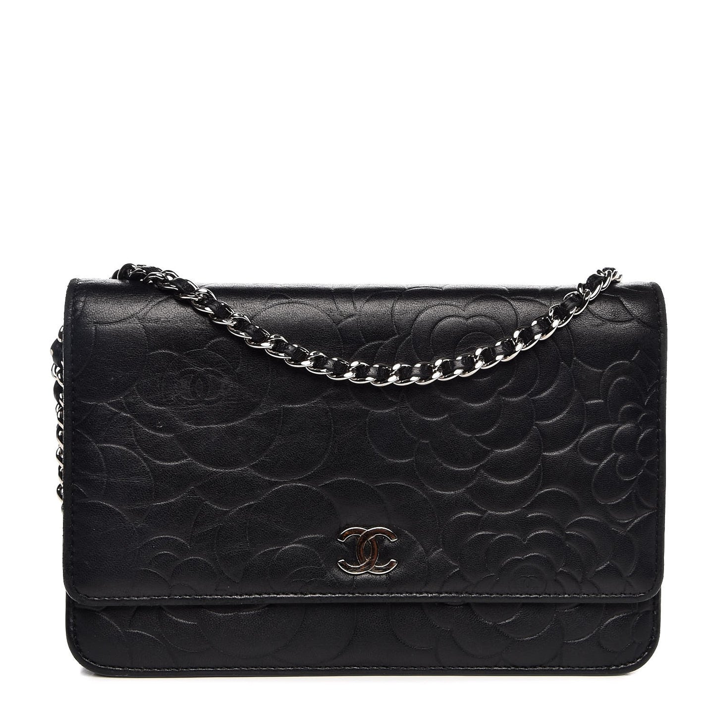 Lambskin Camellia Embossed Wallet On Chain WOC Black