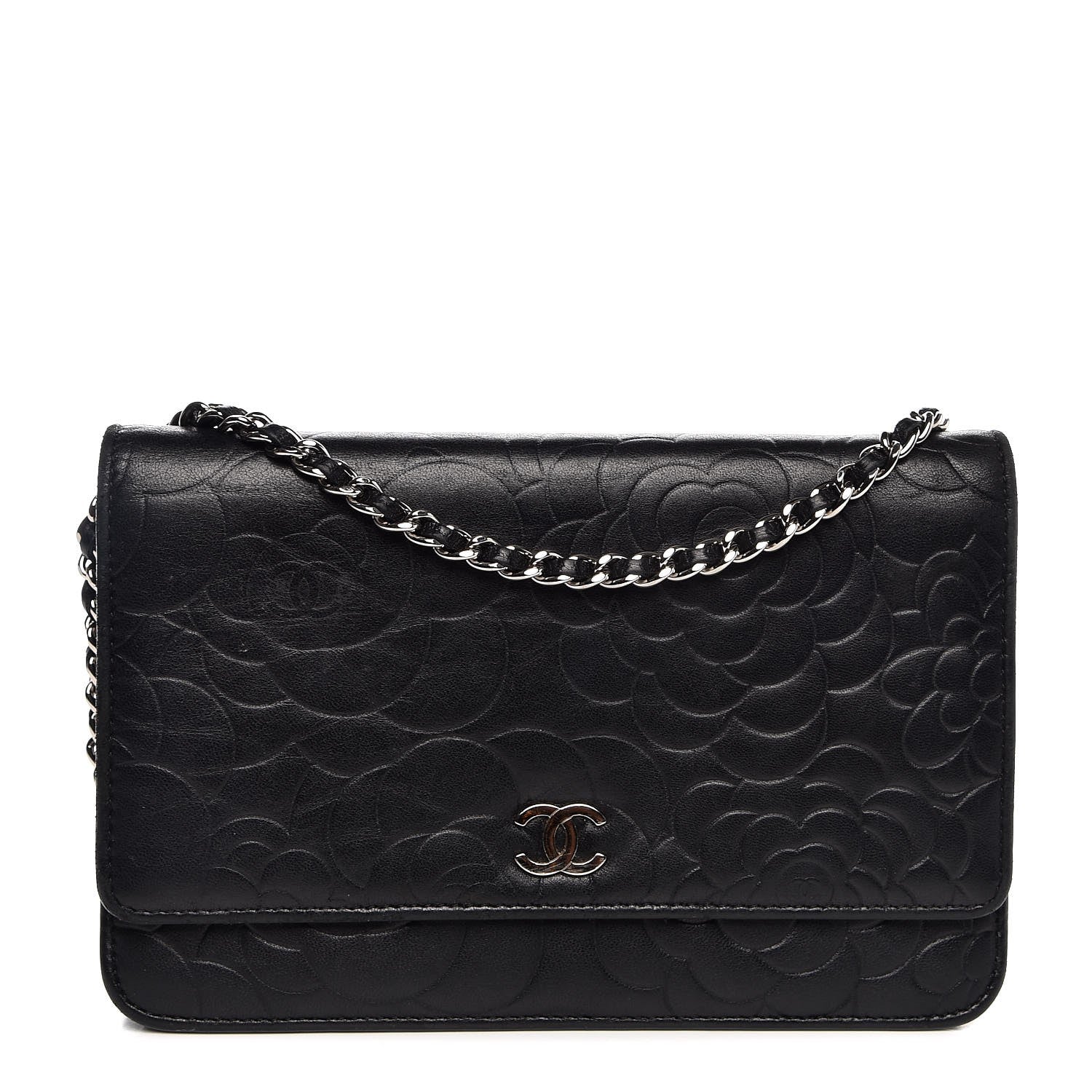 Chanel Lambskin Camellia Embossed Wallet On Chain WOC Black 1 of 9