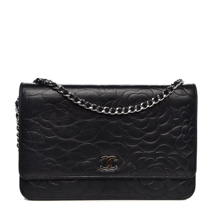 Chanel Lambskin Camellia Embossed Wallet On Chain WOC Black 1 of 9