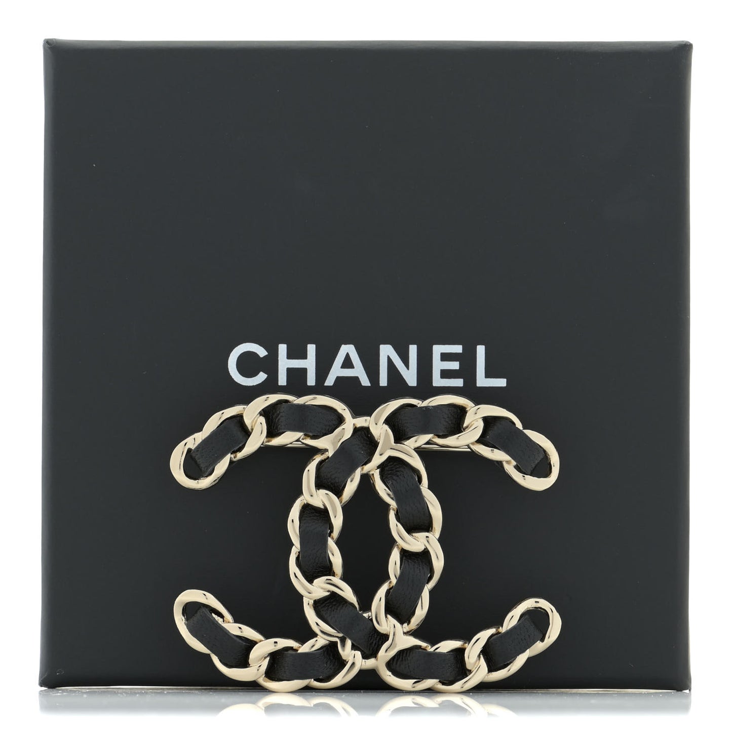 Lambskin Chain CC Brooch Black Gold