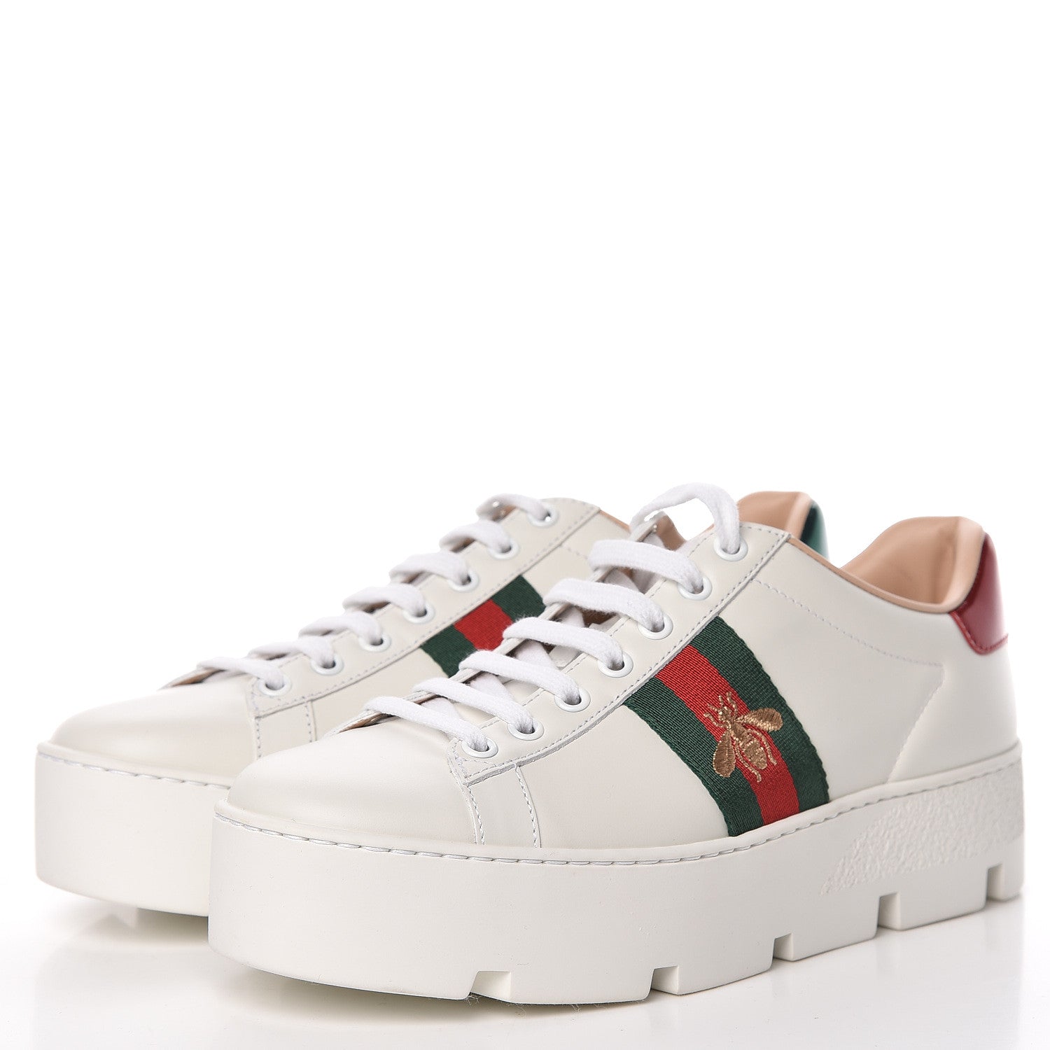 Gucci Calfskin Web Bee Embroidered Womens Ace Platform Sneakers 37.5 White 3 of 7