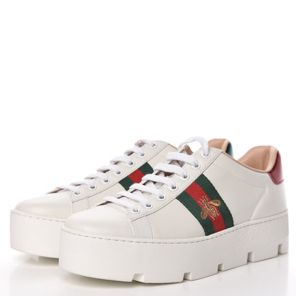 Gucci Calfskin Web Bee Embroidered Womens Ace Platform Sneakers 37.5 White 3 of 7