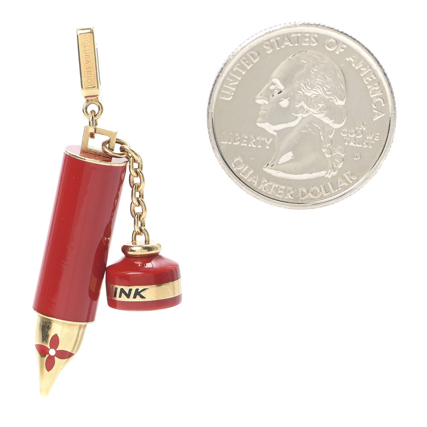 18K Yellow Gold Enamel LV Fountain Pen Charm Red