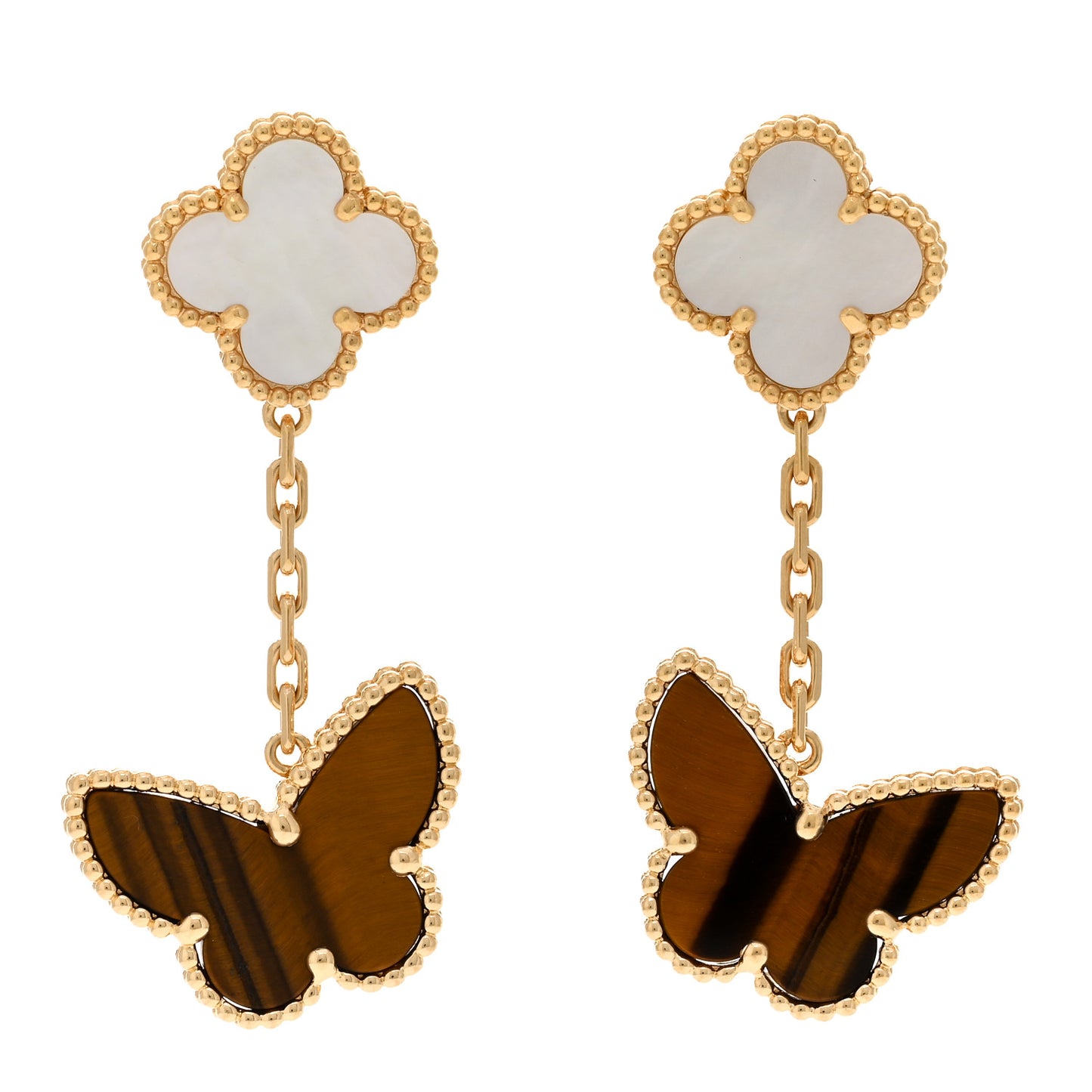 18K Yellow Gold Mother of Pearl Tiger's Eye Lucky Alhambra 2 Motifs Butterfly Earrings