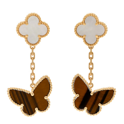 Van Cleef & Arpels 18K Yellow Gold Mother of Pearl Tiger's Eye Lucky Alhambra 2 Motifs Butterfly Earrings 1 of 4