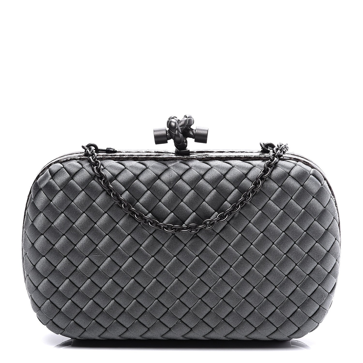 Bottega Veneta Satin Ayers Intrecciato Chain Knot Clutch Grey 1 of 8