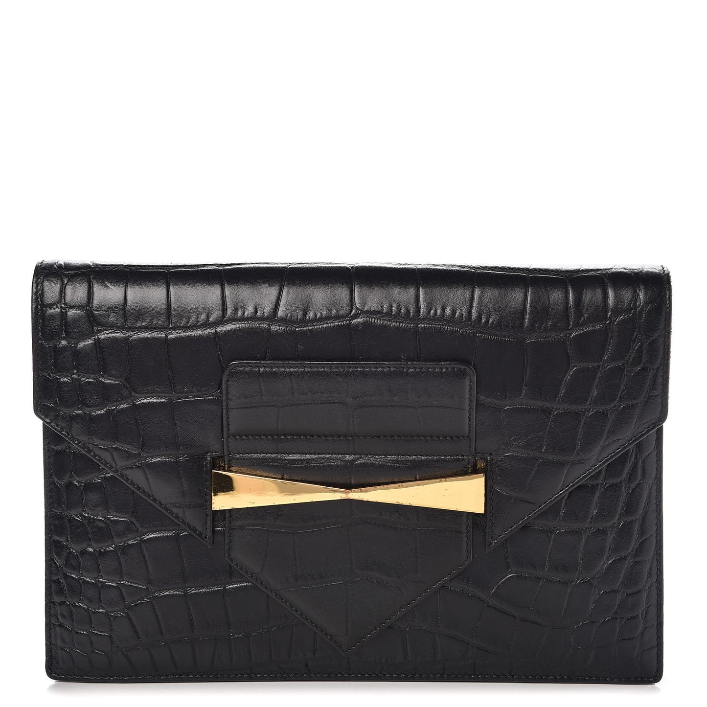 Calfskin Crocodile Embossed Large Envelope Clutch Black