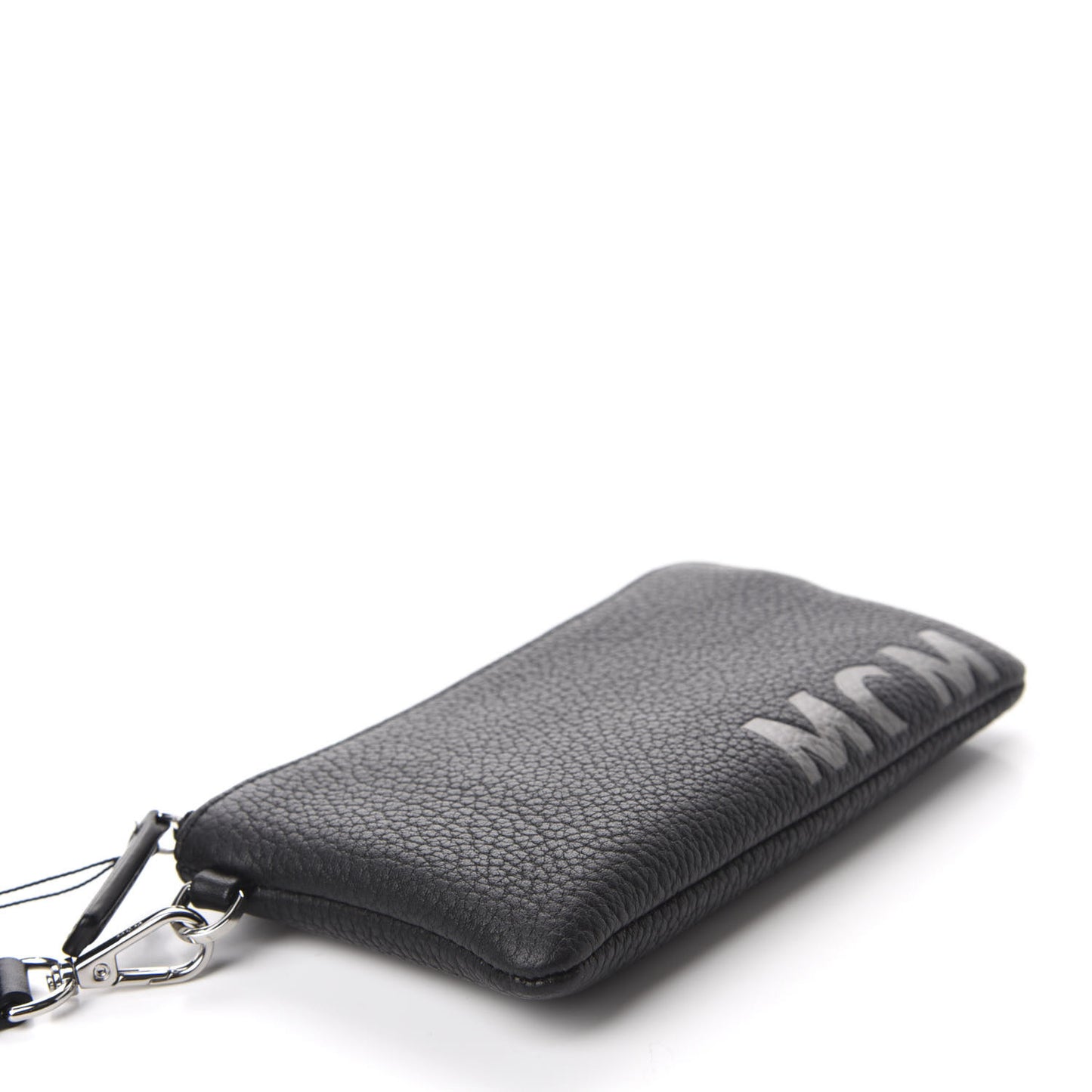 Calfskin Wristlet Logo Zip Pouch Black