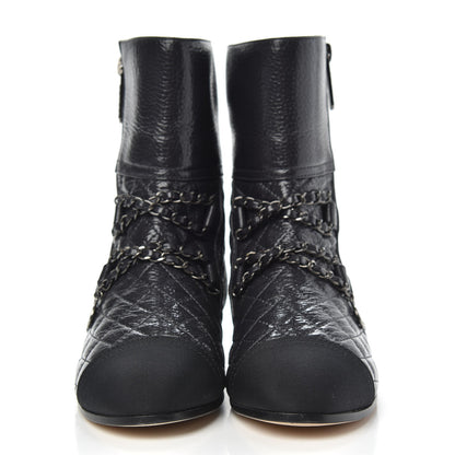 Chanel Calfskin Patent Grosgrain Quilted Cap Toe Chain Boots 37 Black 2 of 8