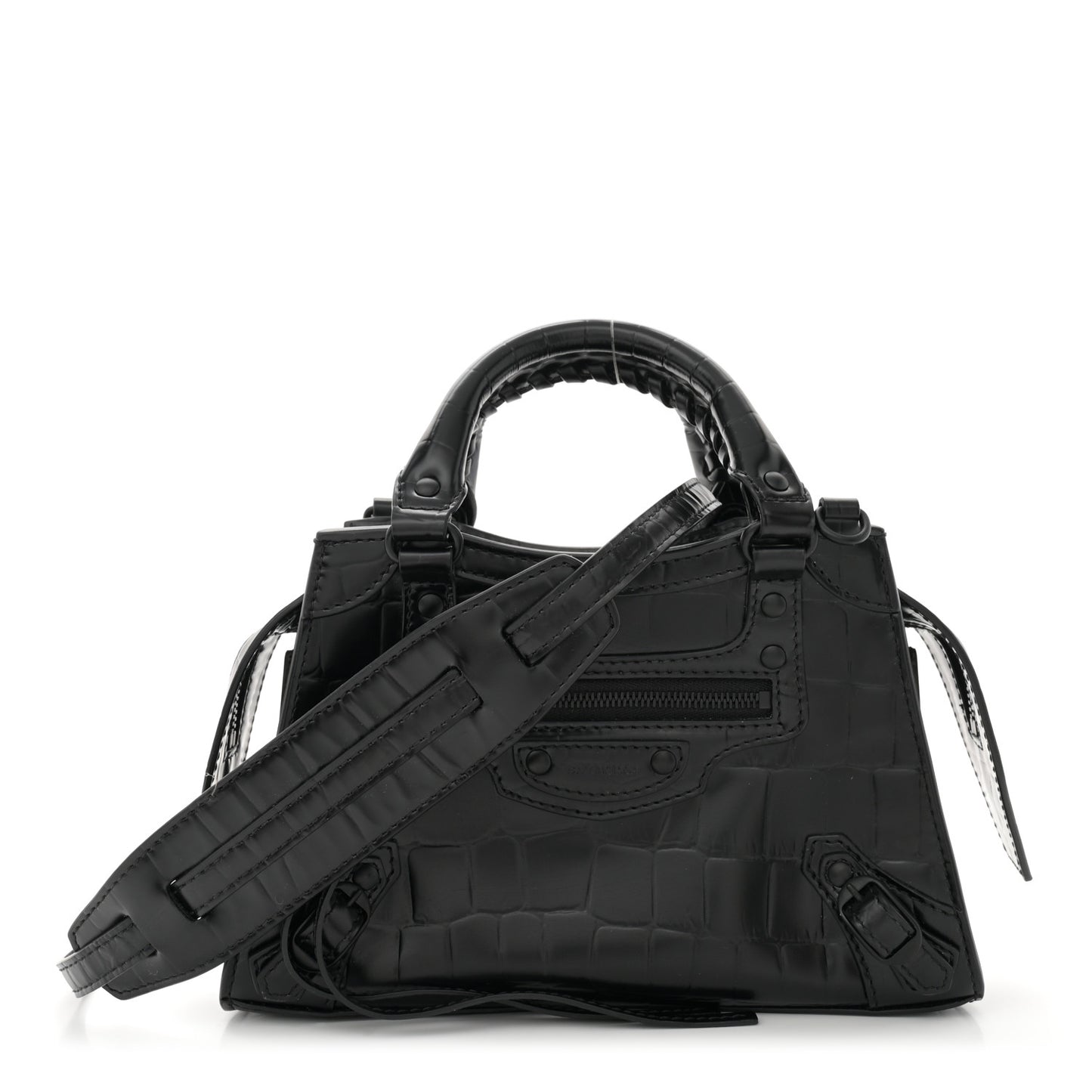 Semi Shiny Calfskin Crocodile Embossed Neo Classic Black Hardware Mini City Black