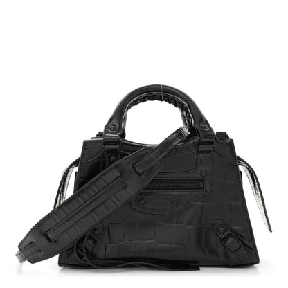 Balenciaga Semi Shiny Calfskin Crocodile Embossed Neo Classic Black Hardware Mini City Black 1 of 12